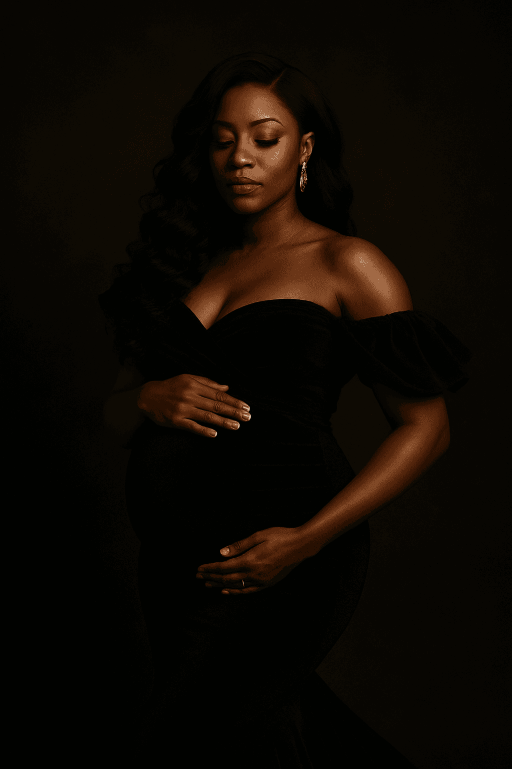 Elegant maternity portrait of a pregnant Black woman in a sleek black gown, captured in a minimalist studio with soft lighting. Luxury maternity photography in Hamilton, Ontario