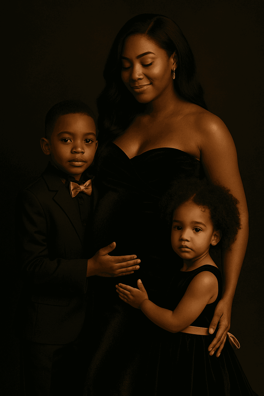 Elegant maternity portrait of a pregnant Black woman in a sleek black gown, captured in a minimalist studio with soft lighting. Luxury maternity photography in Hamilton, Ontario