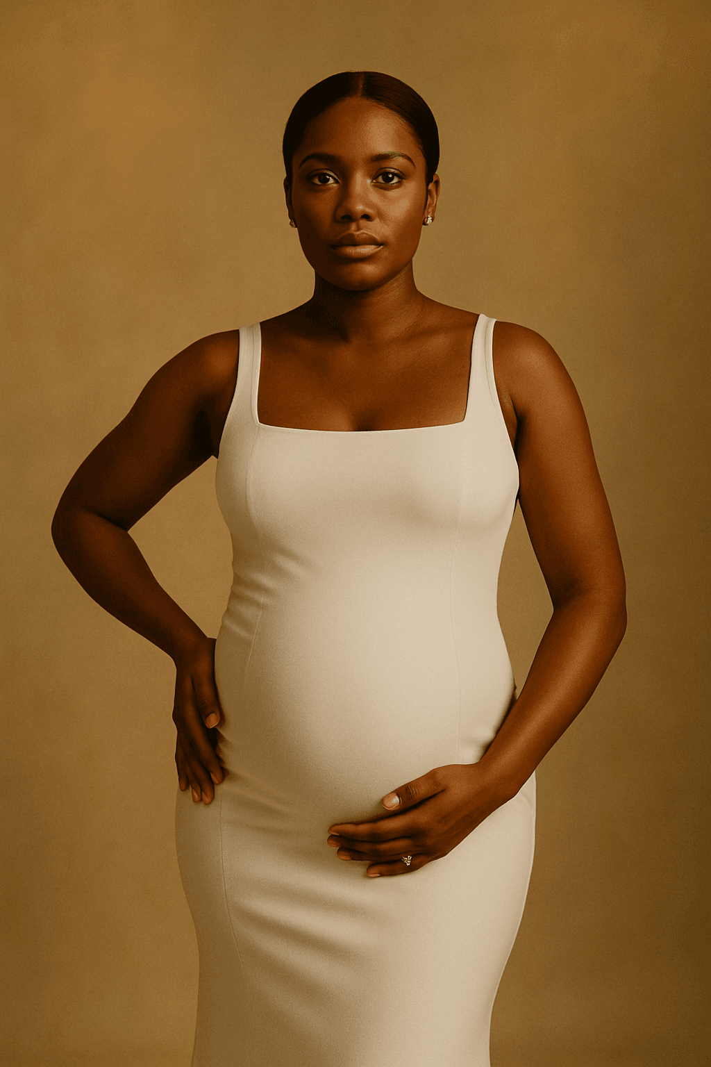 Elegant maternity portrait of a pregnant Black woman in a sleek black gown, captured in a minimalist studio with soft lighting. Luxury maternity photography in Hamilton, Ontario