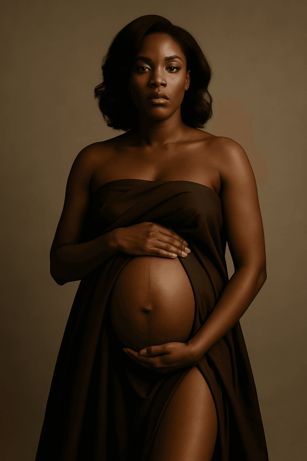 Elegant maternity portrait of a pregnant Black woman in a sleek black gown, captured in a minimalist studio with soft lighting. Luxury maternity photography in Hamilton, Ontario