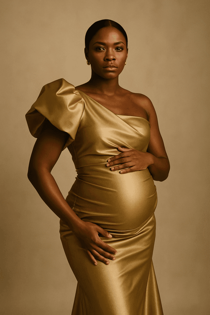 Elegant maternity portrait of a pregnant Black woman in a sleek black gown, captured in a minimalist studio with soft lighting. Luxury maternity photography in Hamilton, Ontario