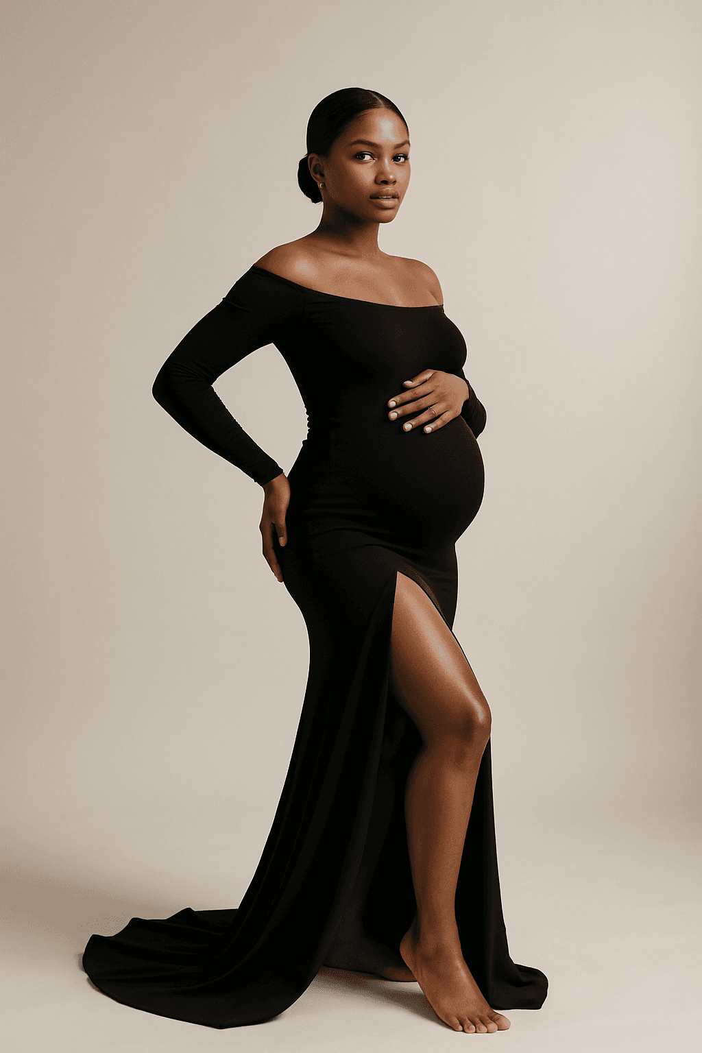 Elegant maternity portrait of a pregnant Black woman in a sleek black gown, captured in a minimalist studio with soft lighting. Luxury maternity photography in Hamilton, Ontario
