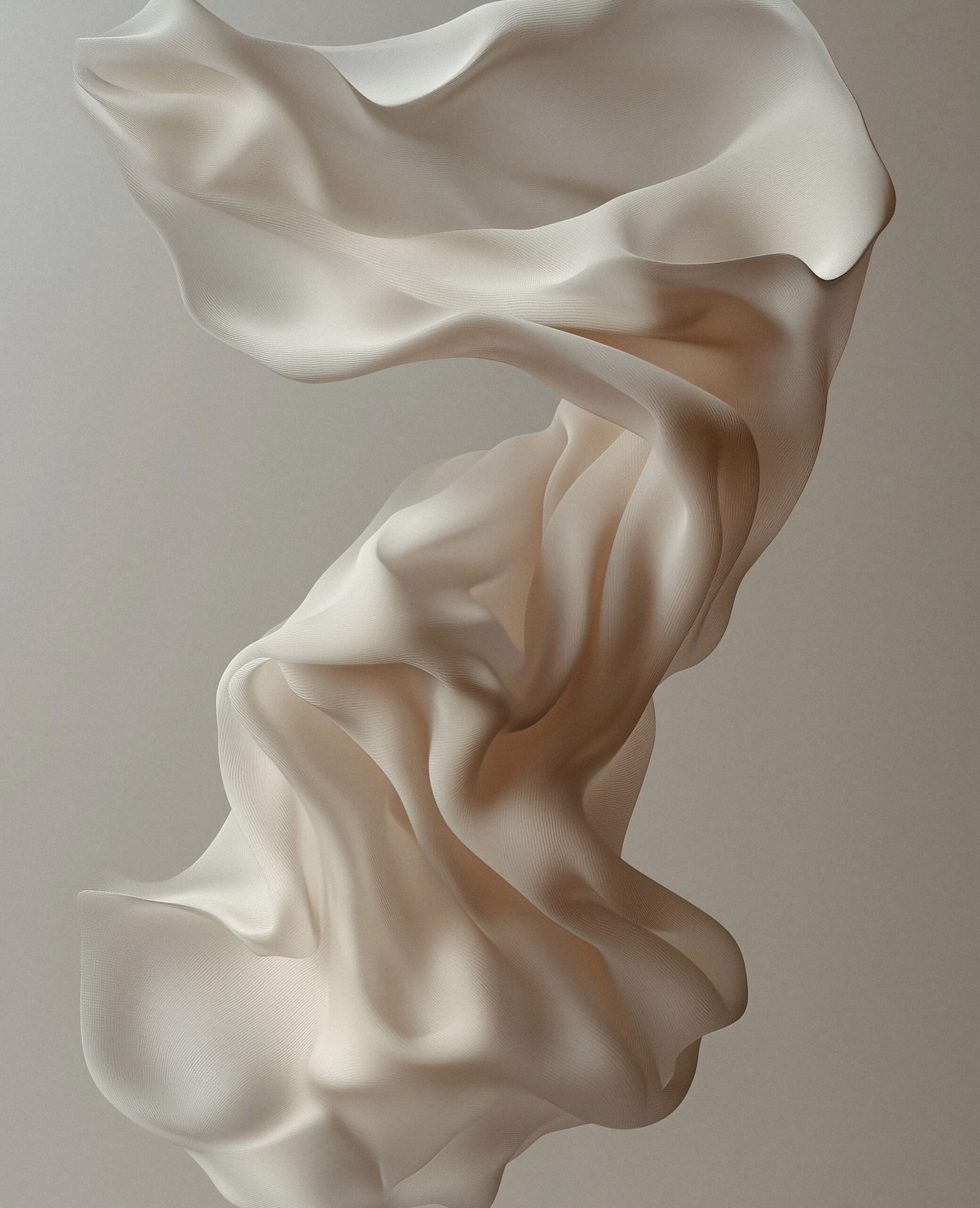 A transparent thin cloth in the style of silk chiffon floating in the air, billowing and swirling, with soft edges and blurred details. Elegant curves against a light gray background, a hyper-realistic motion photograph a muted color palette with a motion blur. Naturalistic, in shades of gray and cream, with a feminine sensibility and graceful forms, conveying the ethereal quality of the wind blowing it.